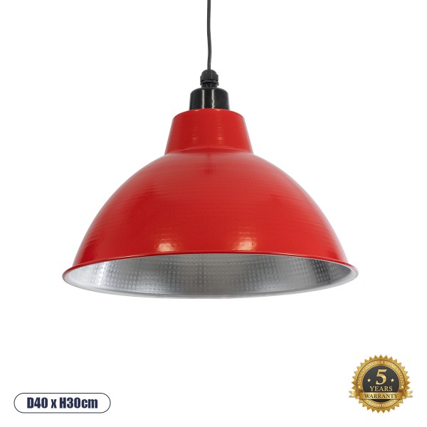 GloboStar® LOUVE 01177 Vintage Industrial Κρεμαστό Φωτιστικό Οροφής Μονόφωτο 1 x E27 AC220-240V IP20 - Φ40 x Y30cm - Κόκκινο με Ασημί Μεταλλικό Καμπάνα  - 5 Χρόνια Εγγύηση