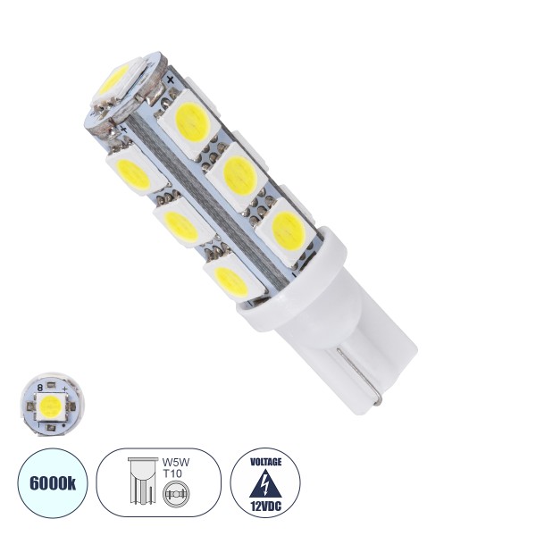 GloboStar® 03040 Λάμπα Αυτοκινήτου LED T10 W5W 13xSMD5050 2.8W 286lm 360° DC 12-16V IP20 Φ1.2 x Υ4cm Ψυχρό Λευκό 6000K