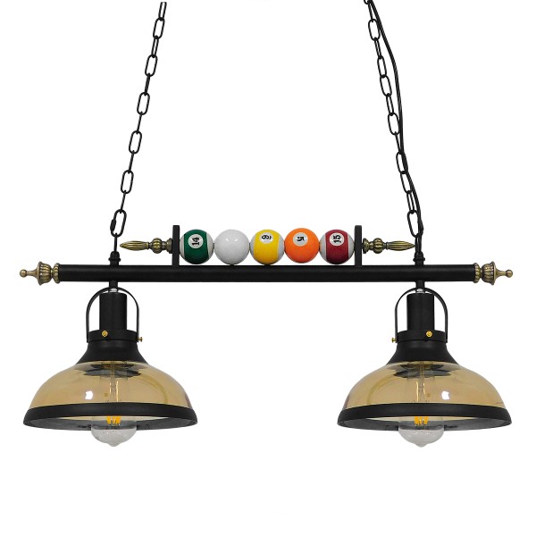 GloboStar® BILLIARD 00972 Vintage Industrial Κρεμαστό Φωτιστικό Οροφής Δίφωτο 2 x E27 Mαύρο Μεταλλικό Μ71 x Π25 x Υ30cm