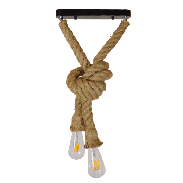 GloboStar® ROPE 01279 Vintage Industrial Κρεμαστό Φωτιστικό Οροφής Δίφωτο 2 x E27 με 1 μέτρο Μπεζ Σχοινί Φ3.5 x Y100cm