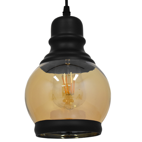 GloboStar® OLIVER 01505 Vintage Κρεμαστό Φωτιστικό Οροφής Μονόφωτο 1 x E27 Μαύρο Γυάλινο Μελί Διάφανο Φ16 x Υ25cm