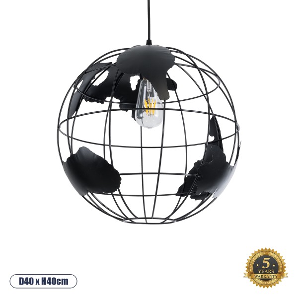 GloboStar® EARTH 01663 Vintage Industrial Κρεμαστό Φωτιστικό Οροφής Μονόφωτο 1 x E27 AC220-240V IP20 - Φ40 x Υ40cm - Μαύρο Μεταλλικό Πλέγμα - 5 Χρόνια Εγγύηση