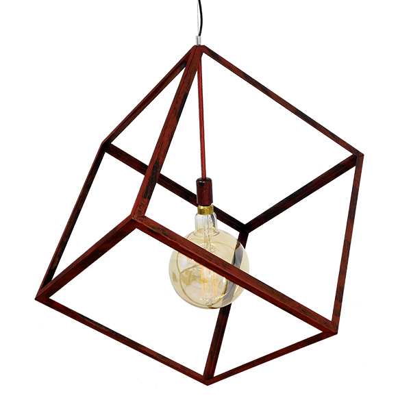 GloboStar® CUBE 01673 Μοντέρνο Κρεμαστό Φωτιστικό Οροφής Μονόφωτο 1 x E27 Καφέ Σκουριά Μεταλλικό Πλέγμα Μ70 x Π70 x Υ87cm