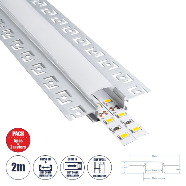 GloboStar® PLASTERBOARD-PROFILE 70819-2M Προφίλ Αλουμινίου - Βάση & Ψύκτρα Ταινίας LED με Λευκό Γαλακτερό Κάλυμμα - Χωνευτή Χρήση σε Γυψοσανίδα - Trimless - Πατητό Κάλυμμα - Ασημί - 2 Μέτρα - Πακέτο 5 Τεμαχίων - Μ200 x Π6.7 x Υ1.4cm