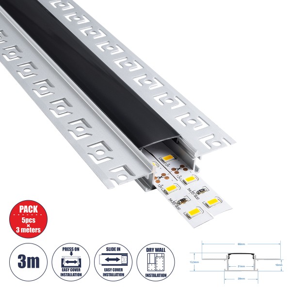 GloboStar® PLASTERBOARD-PROFILE 70820-3M Προφίλ Αλουμινίου - Βάση & Ψύκτρα Ταινίας LED με Μαύρο Φιμέ Κάλυμμα - Χωνευτή Χρήση σε Γυψοσανίδα - Trimless - Πατητό Κάλυμμα - Ασημί - 3 Μέτρα - Πακέτο 5 Τεμαχίων - Μ300 x Π6.7 x Υ1.4cm