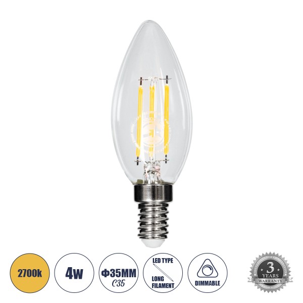 GloboStar® 99001 Λάμπα LED Long Filament E14 C35 Κεράκι 4W 400lm 360° AC 220-240V IP20 Φ3.5 x Υ10.5cm Θερμό Λευκό 2700K με Διάφανο Γυαλί Dimmable - 3 Χρόνια Εγγύηση