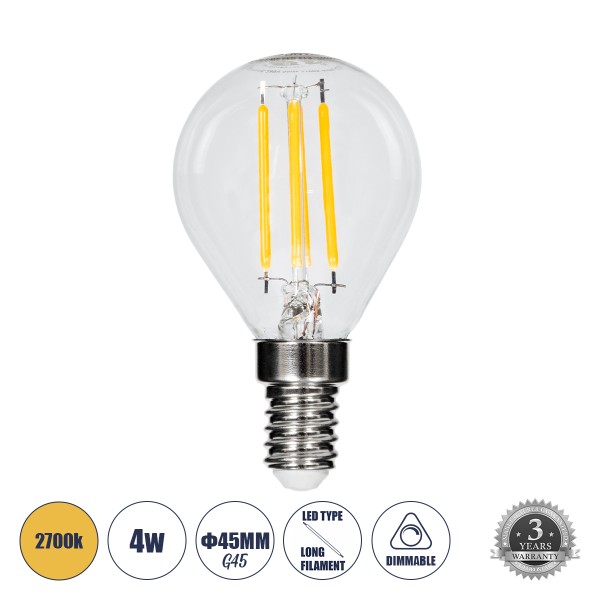 GloboStar® 99003 Λάμπα LED Long Filament E14 G45 Γλομπάκι 4W 400lm 360° AC 220-240V IP20 Φ4.5 x Υ7.5cm Θερμό Λευκό 2700K με Διάφανο Γυαλί Dimmable - 3 Χρόνια Εγγύηση