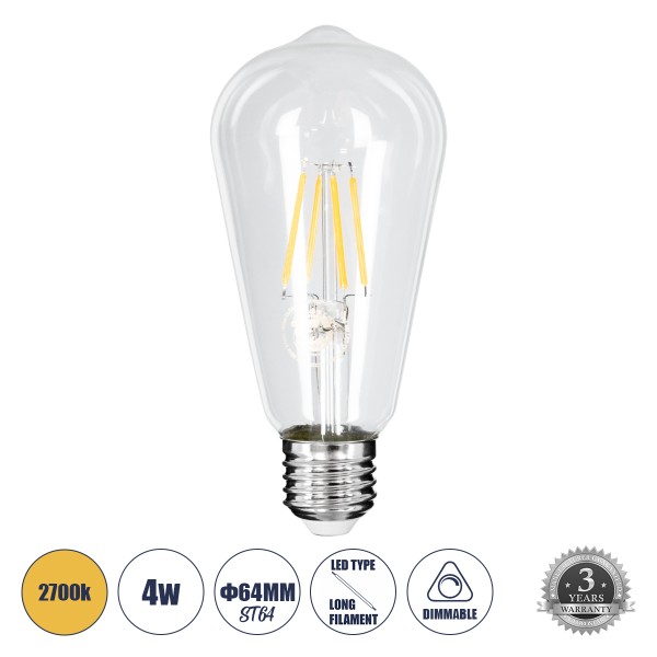 GloboStar® 99015 Λάμπα LED Long Filament E27 ST64 Αχλάδι 4W 400lm 360° AC 220-240V IP20 Φ6.4 x Υ14cm Θερμό Λευκό 2700K με Διάφανο Γυαλί Dimmable - 3 Χρόνια Εγγύηση