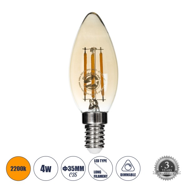 GloboStar® 99031 Λάμπα LED Long Filament E14 C35 Κεράκι 4W 350lm 360° AC 220-240V IP20 Φ3.5 x Υ10.5cm Ultra Θερμό Λευκό 2200K με Μελί Γυαλί Dimmable - 3 Χρόνια Εγγύηση