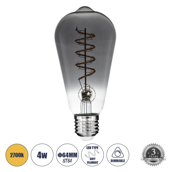 GloboStar® 99145 Λάμπα LED Soft S Spiral Filament E27 ST64 Αχλάδι 4W 280lm 360° AC 220-240V IP20 Φ6.4 x Υ14cm Θερμό Λευκό 2700K με Φιμέ Γυαλί Dimmable - 3 Χρόνια Εγγύηση