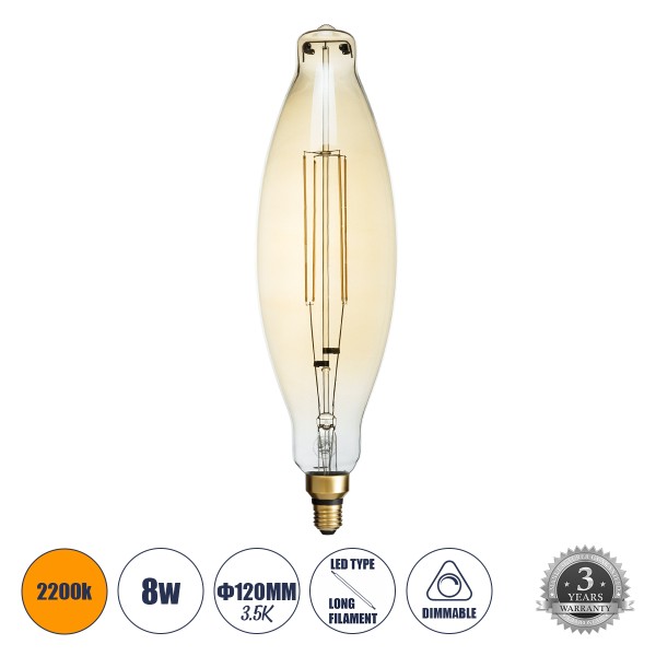 GloboStar® 99167 Λάμπα LED Long Filament E27 3.5K AVOCADOS Γλόμπος 8W 650lm 360° AC 220-240V IP20 Φ12 x Υ44cm Ultra Θερμό Λευκό 2200K με Μελί Γυαλί Dimmable - 3 Χρόνια Εγγύηση