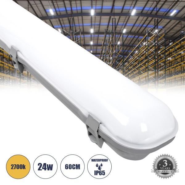 GloboStar® 60172 LED Γραμμικό Βιομηχανικό Φωτιστικό Tri-Proof 60cm 24W 2690lm 120° AC 220-240V Αδιάβροχο IP65 Μ60 x Π10.5 x Υ8cm Θερμό Λευκό 2700K - 3 Χρόνια Εγγύηση