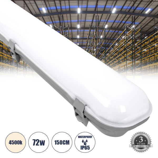 GloboStar® 60177 LED Γραμμικό Βιομηχανικό Φωτιστικό Tri-Proof 150cm 72W 8306lm 120° AC 220-240V Αδιάβροχο IP65 Μ150 x Π6 x Υ4cm Φυσικό Λευκό 4500K - 3 Χρόνια Εγγύηση