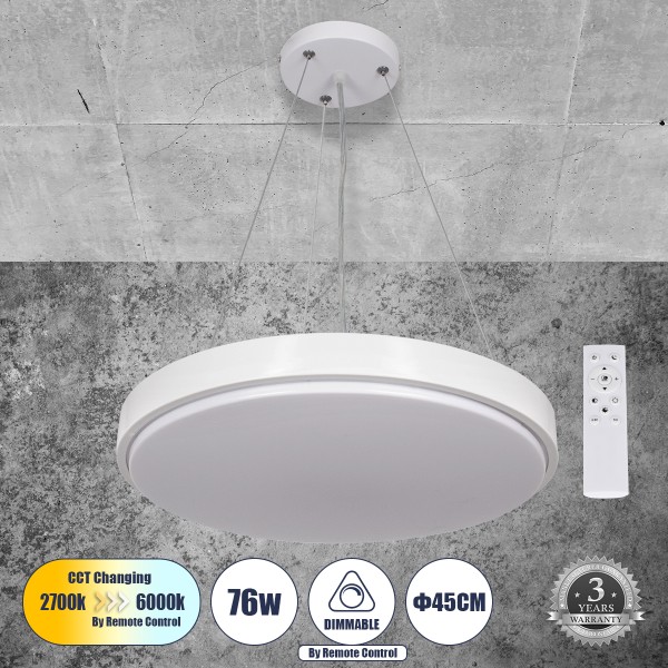 GloboStar® CASPER 61018 Κρεμαστή Πλαφονιέρα Οροφής LED CCT 76W 8372lm 120° AC 220-240V - Εναλλαγή Φωτισμού μέσω Τηλεχειριστηρίου All In One Ψυχρό Λευκό 6000k+Φυσικό Λευκό 4500k+Θερμό Λευκό 2700k Dimmable Φ45cm - Λευκό - 3 Years Warranty