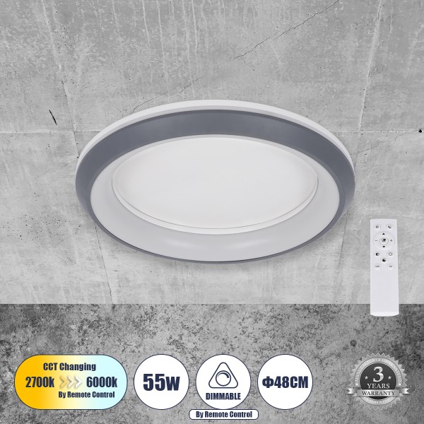 GloboStar® MELINA 61042 Πλαφονιέρα Οροφής Κύκλος LED CCT 55W 6376lm 120° AC 220-240V - Εναλλαγή Φωτισμού μέσω Τηλεχειριστηρίου All In One Ψυχρό Λευκό 6000k+Φυσικό Λευκό 4500k+Θερμό Λευκό 2700k Dimmable Φ48cm - Ανθρακί - 3 Years Warranty