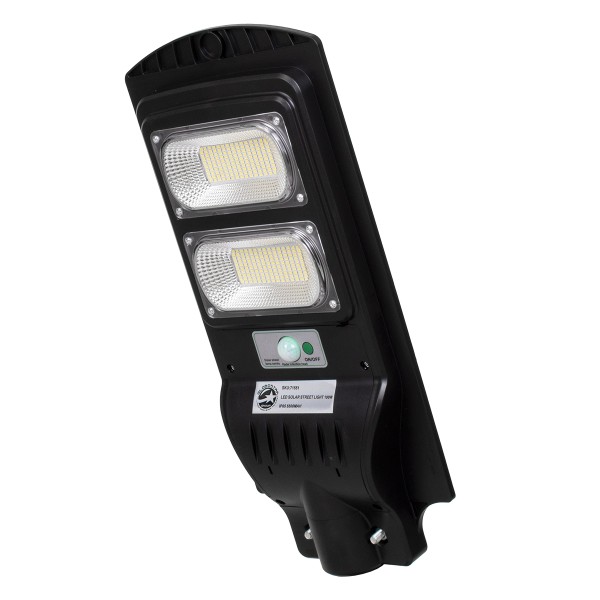 GloboStar® 71551 Αυτόνομο Ηλιακό Φωτιστικό Δρόμου Street Light LED SMD 100W 8000lm με Ενσωματωμένη Μπαταρία Li-ion 5500mAh - Φωτοβολταϊκό Πάνελ με Αισθητήρα Ημέρας-Νύχτας PIR Αισθητήρα Κίνησης Αδιάβροχο IP65 Ψυχρό Λευκό 6000K