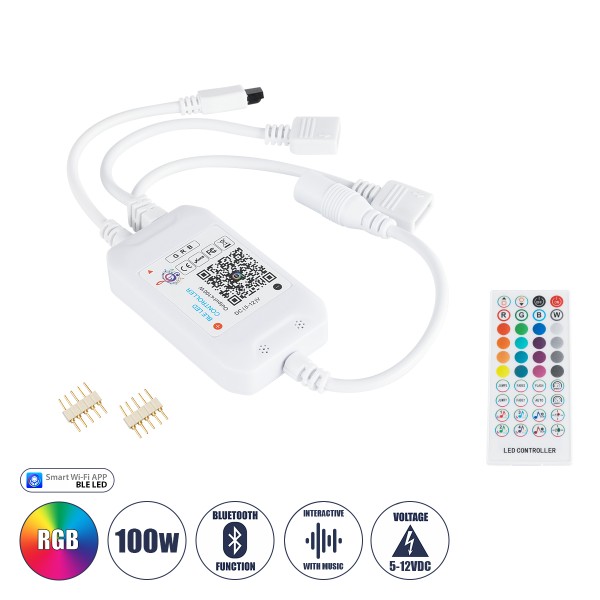 GloboStar® 73431 Ασύρματος Bluetooth LED RGB & Music Controller Sound Activated με Χειριστήριο IR & 2 Εξόδους RGB DC 5-24V Max 144W