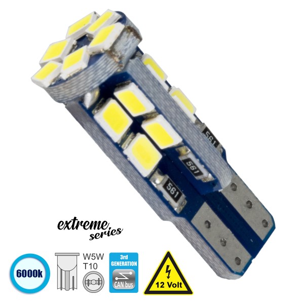 GloboStar® 81103 Λάμπα Αυτοκίνητου T10 W5W 3rd Generation Can-Bus Extreme Series LED 22 SMD 2835 4W 600lm 360° DC 12V IP20 Ψυχρό Λευκό 6000K