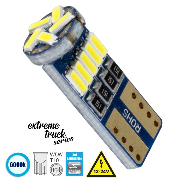 GloboStar® 81105 Λάμπα Αυτοκίνητου T10 W5W 3rd Generation Can-Bus Extreme Truck Series LED 15 SMD 4014 3.8W 570lm 360° DC 12-24V IP20 Ψυχρό Λευκό 6000K