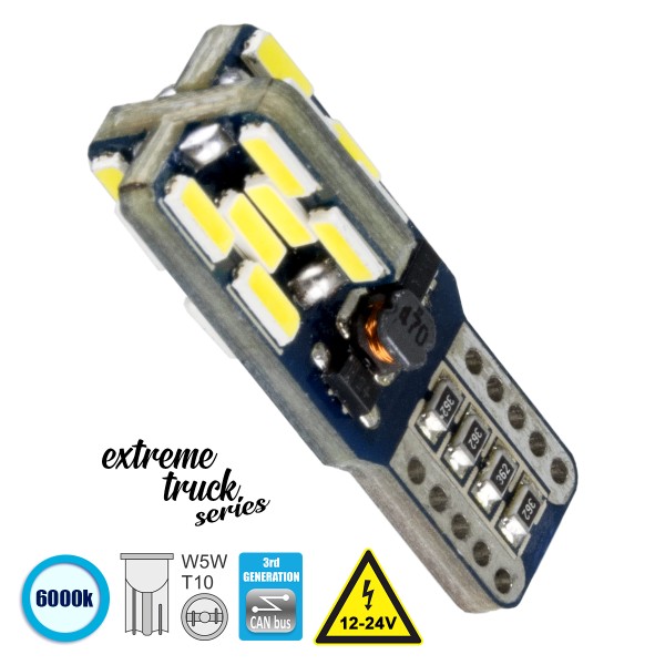 GloboStar® 81106 Λάμπα Αυτοκίνητου T10 W5W 3rd Generation Can-Bus Extreme Truck Series LED 24 SMD 4014 4.8W 720lm 360° DC 12-24V IP20 Ψυχρό Λευκό 6000K