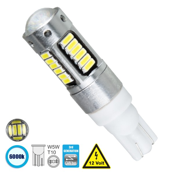 GloboStar® 81108 Λάμπα Αυτοκίνητου T10 W5W 3rd Generation Can-Bus Series LED 30 SMD 4014 6W 900lm 360° DC 12V IP20 Ψυχρό Λευκό 6000K