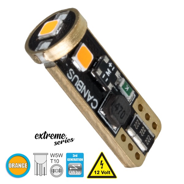 GloboStar® 81117 Λάμπα Αυτοκίνητου T10 W5W 3rd Generation Can-Bus Extreme Series LED 3 SMD 3030 3W 360lm 360° DC 12V IP20 Πορτοκαλί