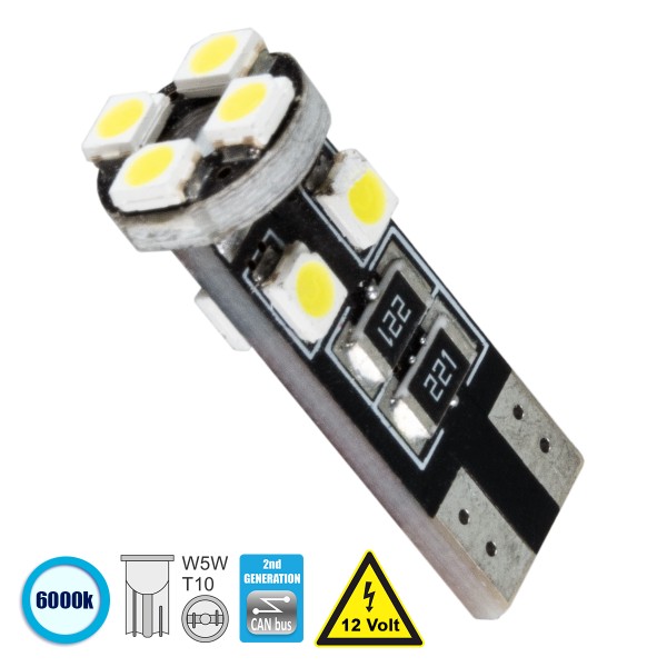 GloboStar® 81119 Λάμπα Αυτοκίνητου T10 W5W 2rd Generation Can-Bus Series LED 8 SMD 1210 2.6W 390lm 360° DC 12V IP20 Ψυχρό Λευκό 6000K