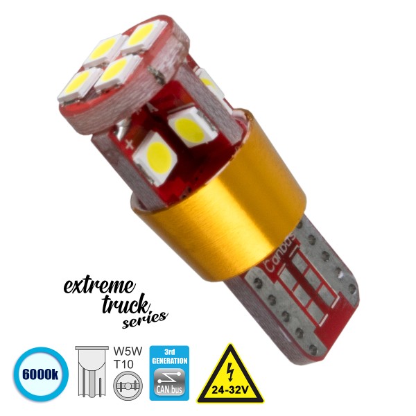 GloboStar® 81122 Λάμπα Φορτηγού T10 W5W 3rd Generation Can-Bus Extreme Truck Series LED 12 SMD 3030 8W 1200lm 360° DC 24-32V IP20 Ψυχρό Λευκό 6000K