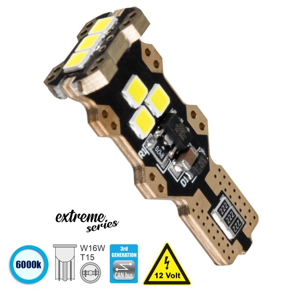 GloboStar® 81132 Λάμπα Αυτοκίνητου T15 - W16W 3rd Generation Can-Bus Extreme Series LED 9 SMD 3030 8W 1200lm 360° DC 12V IP20 Ψυχρό Λευκό 6000K