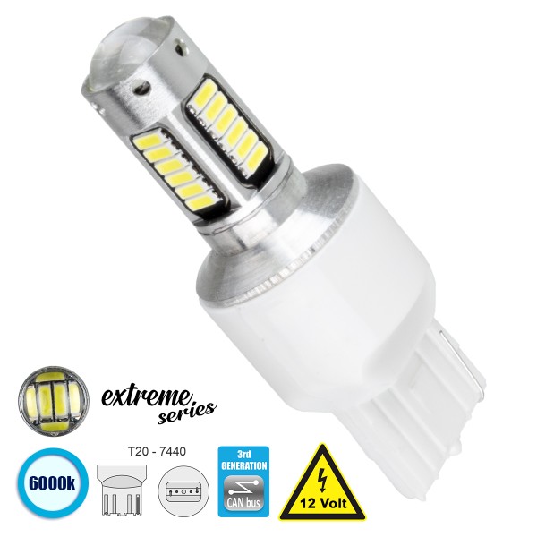 GloboStar® 81147 Λάμπα Αυτοκίνητου T20 - 7440 - W21W 3rd Generation Can-Bus Extreme Series LED 30 SMD 4014 6W 900lm 360° DC 12V IP20 Ψυχρό Λευκό 6000K