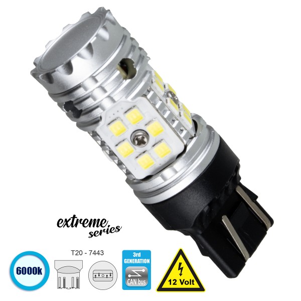 GloboStar® 81151 Λάμπα Αυτοκίνητου T20 - 7443 - W21/5W 3rd Generation Can-Bus Extreme Series LED 30 SMD 3030 24W 3600lm 360° DC 12V IP20 Ψυχρό Λευκό 6000K