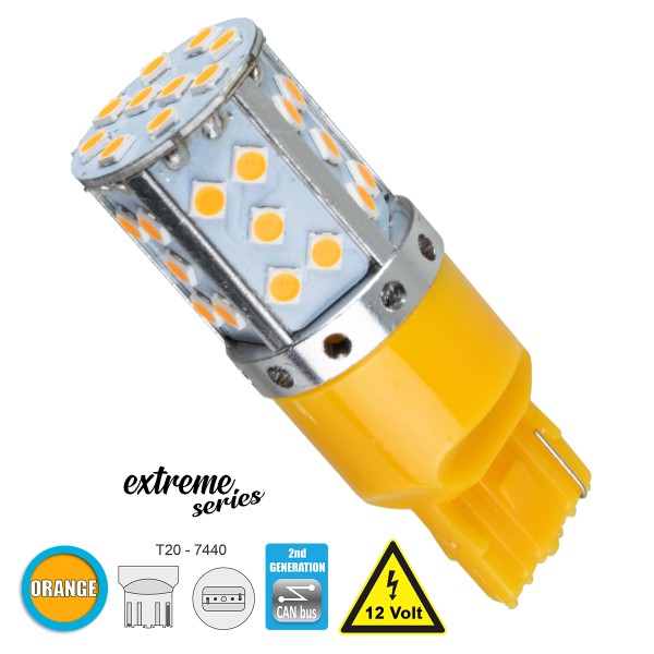 GloboStar® 81154 Λάμπα Αυτοκίνητου T20 - 7440 - W21W 2rd Generation Can-Bus Extreme Series LED 35 SMD 3030 17W 2040lm 360° DC 12V IP20 Πορτοκαλί