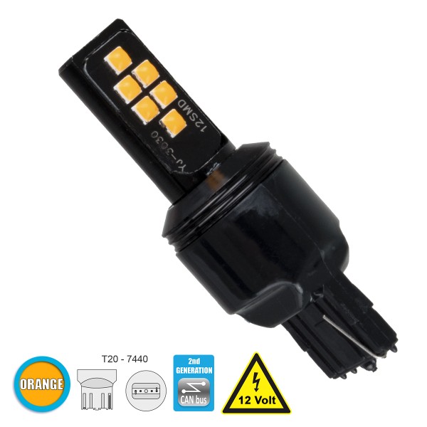 GloboStar® 81158 Λάμπα Αυτοκίνητου T20 - 7440 - W21W 2nd Generation Can-Bus Series LED 12 SMD 3030 8W 960lm 360° DC 12V IP20 Πορτοκαλί