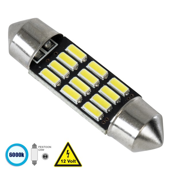 GloboStar® 81306 Λάμπα Αυτοκίνητου 36mm FESTOON - C5W LED 12 SMD 5630 3W 450lm 120° DC 12V IP20 Ψυχρό Λευκό 6000K