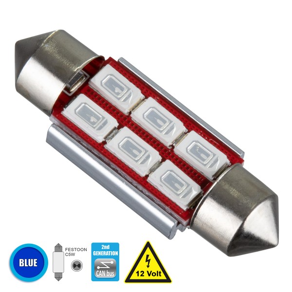 GloboStar® 81314 Λάμπα Αυτοκίνητου 36mm FESTOON - C5W 2nd Generation Can-Bus Series LED 6 SMD 5630 4W 480lm 120° DC 12V IP20 Μπλε