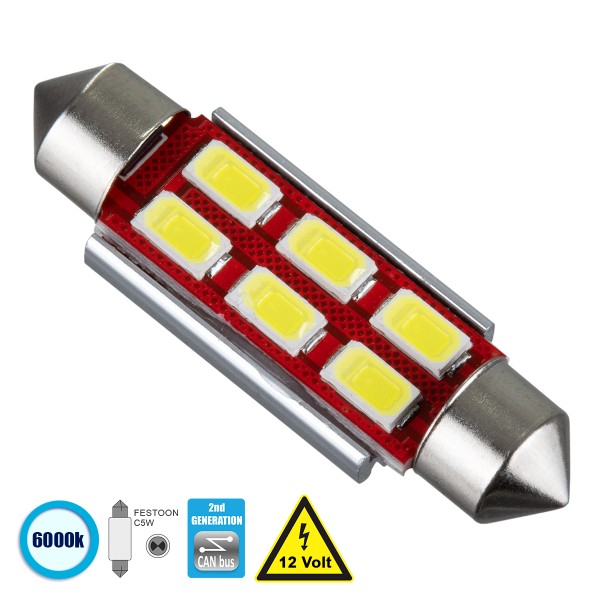 GloboStar® 81322 Λάμπα Αυτοκίνητου 42mm FESTOON - C5W 2nd Generation Can-Bus Series LED 6 SMD 5630 4W 600lm 120° DC 12V IP20 Ψυχρό Λευκό 6000K