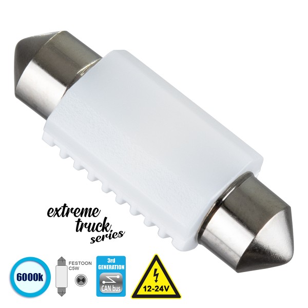 GloboStar® 81333 Λάμπα Αυτοκινήτου & Φορτηγού 36mm FESTOON - C5W 3rd Generation Can-Bus Extreme Truck Series LED 2 SMD 3030 3W 450lm 120° DC 12-24V IP20 Ψυχρό Λευκό 6000K