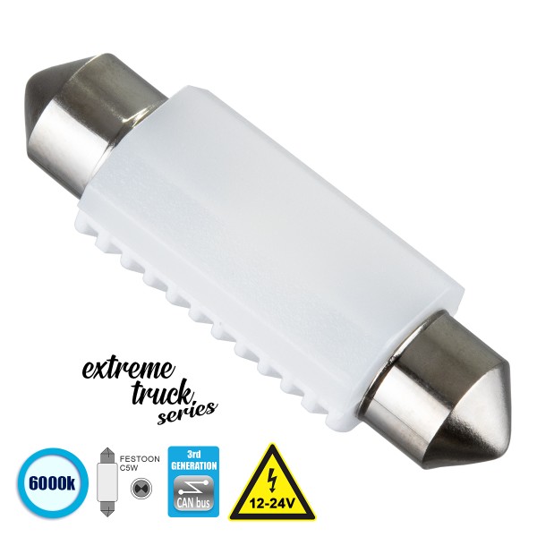 GloboStar® 81334 Λάμπα Αυτοκινήτου & Φορτηγού 39mm FESTOON - C5W 3rd Generation Can-Bus Extreme Truck Series LED 2 SMD 3030 3W 450lm 120° DC 12-24V IP20 Ψυχρό Λευκό 6000K