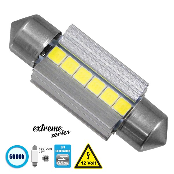 GloboStar® 81338 Λάμπα Αυτοκινήτου 36mm FESTOON - C5W 3rd Generation Can-Bus Extreme Series LED 6 SMD 3030 6W 900lm 120° DC 12V IP20 Ψυχρό Λευκό 6000K