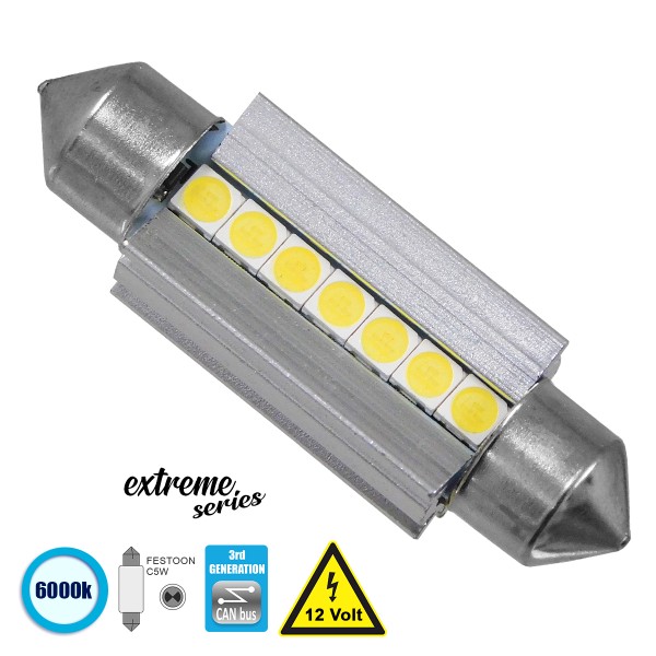 GloboStar® 81339 Λάμπα Αυτοκινήτου 39mm FESTOON - C5W 3rd Generation Can-Bus Extreme Series LED 7 SMD 3030 7W 1050lm 120° DC 12V IP20 Ψυχρό Λευκό 6000K