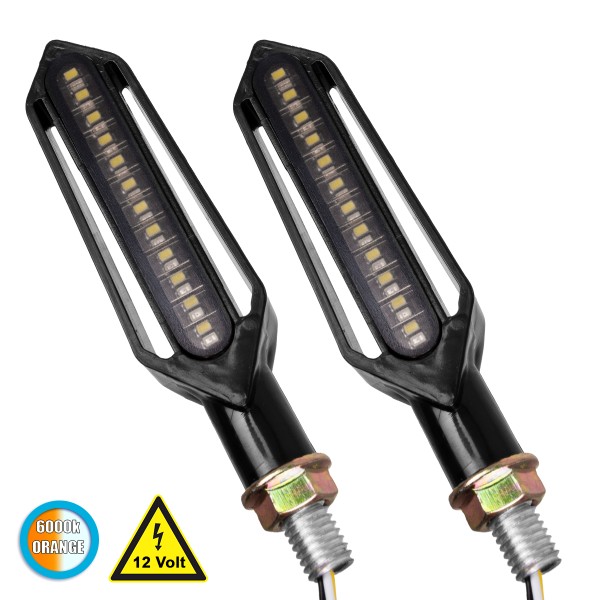 GloboStar® 81757 ΣΕΤ 2 x Φλάς Μοτοσυκλέτας Universal Knife LED SMD 5050 5W DC 12V 2 Λειτουργιών Λευκό 6000K για Φώτα Ημέρας & με Τρεχούμενο Εφέ Φωτισμού Πορτοκαλί για Φλας Αδιάβροχα IP65