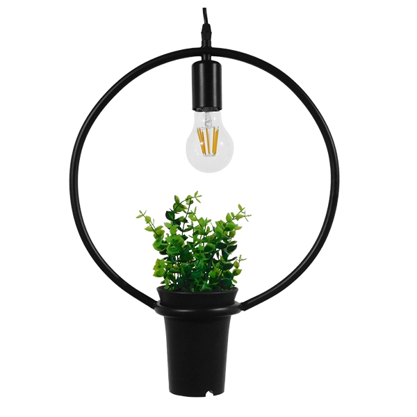 GloboStar® FLOWERPOT 10001212 Μοντέρνο Κρεμαστό Φωτιστικό Οροφής Μονόφωτο 1 x E27 Μαύρο Μεταλλικό με Διακοσμητικό Φυτό Φ30 x Y30cm