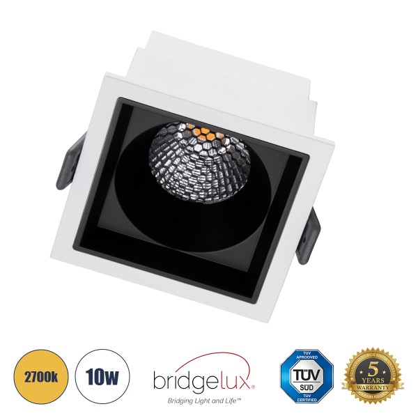 GloboStar® PLUTO-M 60271 Χωνευτό LED Spot Downlight TrimLess Μ8.4xΠ8.4cm 10W 1250lm 38° AC 220-240V IP20 Μ8.4 x Π8.4 x Υ5.9cm - Τετράγωνο - Λευκό με Μαύρο Κάτοπτρο & Anti-Glare HoneyComb - Θερμό Λευκό 2700K - Bridgelux COB - 5 Years Warranty