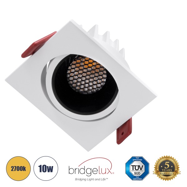 GloboStar® LEO-SQ 60289 Χωνευτό LED Spot Downlight TrimLess Μ8.5xΠ8.5cm 10W 1250lm 38° AC 220-240V IP20 Μ8.5 x Π8.5 x Υ6.6cm - Τετράγωνο - Κινούμενο - Λευκό με Μαύρο Κάτοπτρο & Anti-Glare HoneyComb - Θερμό Λευκό 2700K - Bridgelux COB - 5 Years Warranty