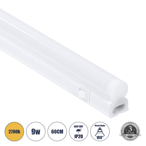 GloboStar® TUBO 60789 Γραμμικό Φωτιστικό Οροφής Linear LED Τύπου T5 Επεκτεινόμενο 9W 864lm 180° AC 220-240V IP20 Πάγκου Κουζίνας με Διακόπτη On/Off Μ60 x Π2.2 x Υ3.5cm Θερμό Λευκό 2700K - Λευκό - 3 Years Warranty