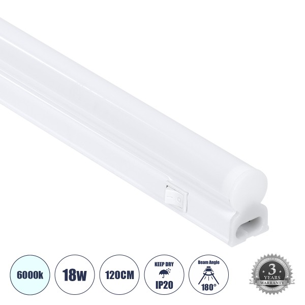 GloboStar® TUBO 60790 Γραμμικό Φωτιστικό Οροφής Linear LED Τύπου T5 Επεκτεινόμενο 18W 1800lm 180° AC 220-240V IP20 Πάγκου Κουζίνας με Διακόπτη On/Off Μ120 x Π2.2 x Υ3.5cm Ψυχρό Λευκό 6000K - Λευκό - 3 Years Warranty