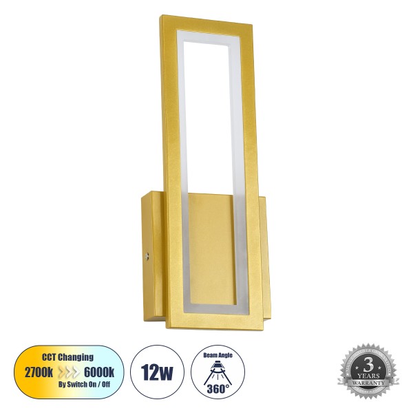 GloboStar® TIARA 61328 Φωτιστικό Τοίχου - Απλίκα Design LED CCT 12W 1440lm 360° AC 220-240V - Εναλλαγή Φωτισμού μέσω Διακόπτη On/Off All In One Ψυχρό 6000k+Φυσικό 4500k+Θερμό 2700k Μ12.5 x Π4 x Υ32cm - Χρυσό - 3 Years Warranty