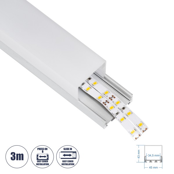 GloboStar® SURFACEPENDANT-PROFILE 70864-3M Προφίλ Αλουμινίου - Βάση & Ψύκτρα Ταινίας LED με Λευκό Γαλακτερό Κάλυμμα - Επιφανειακή & Κρεμαστή Χρήση - Πατητό Κάλυμμα - Ασημί - 3 Μέτρα - Μ300 x Π4.5 x Υ4.2cm