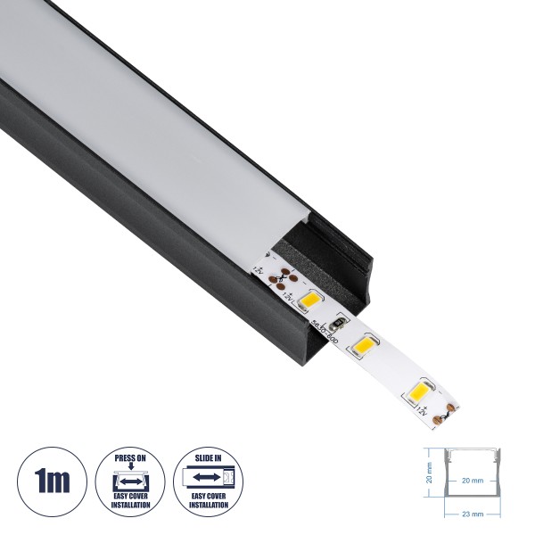 GloboStar® SURFACE-PROFILE 70869-1M Προφίλ Αλουμινίου - Βάση & Ψύκτρα Ταινίας LED με Λευκό Γαλακτερό Κάλυμμα - Επιφανειακή Χρήση - Πατητό Κάλυμμα - Μαύρο - 1 Μέτρο - Μ100 x Π2.3 x Υ2cm