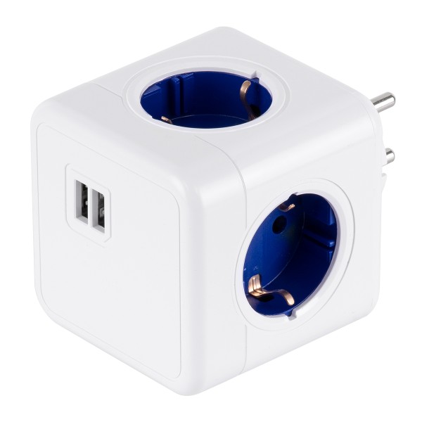 GloboStar® TRAVEL PowerCube PRO Certified 79638 Πολύπριζο 6 Θέσεων με 4 Πρίζες Ασφαλείας Childproof EU Schuko AC 220-240V & 2 Πρίζες USB Max 2.1A/DC 5V Μ7.5 x Π11.5 x Υ7.5 - Λευκό με Μπλε - Max Load 3680W/16A